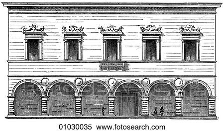 Stock Illustration - Architecture - Italy - line art Elevation Renaissance. Pallazzo Prefettizio at Pesaro c. 1500. Pearo lies on the Adriatic coast of Italy. The Renaissance -- the revival of arts and literature under the influence of classical (Greek & Roman) models in the. Fotosearch