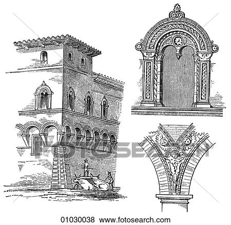 Stock Illustration - Architecture - Italy - line art Perspective Detail Illustration Renaissance Pallazzo at Bologna c. 1450 The Renaissance -- the revival of arts and literature under the influence of classical (Greek & Roman) models in the 14th - 16th centuries.. Fotosearch