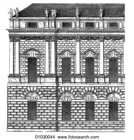 Architecture - Italy - line art Elevation Mannerist/Renaissance Palazzo Thiene at Vicenza (part of the facade) by Palladio 1557-1558. Andrea Palladio (1508-1580) is perhaps the most influential architect of all time. He was born in the year Michelangel View Large Illustration Stock Illustration - Architecture - Italy - line art Elevation Mannerist/Renaissance Palazzo Thiene at Vicenza (part of the facade) by Palladio 1557-1558. Andrea Palladio (1508-1580) is perhaps the most influential architect of all time. He was born in the year Michelangel. Fotosearch