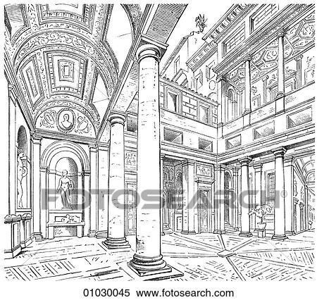 Architecture - Italy - line art Perspective Illustration Renaissance Court of the Palazzo Massimi alle Colonne c. 1535, at Rome by Baldassarre (Tommasso) Peruzzi, (1481-1536). The artist and architect was a contemporary of Raphael and Bramante. In the y View Large Illustration Stock Illustration - Architecture - Italy - line art Perspective Illustration Renaissance Court of the Palazzo Massimi alle Colonne c. 1535, at Rome by Baldassarre (Tommasso) Peruzzi, (1481-1536). The artist and architect was a contemporary of Raphael and Bramante. In the y. Fotosearch
