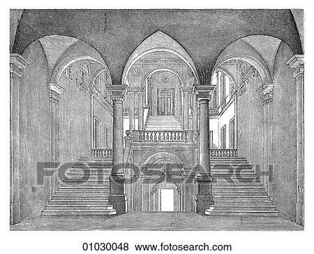 Stock Illustration - Architecture - Italy - line art Perspective Illustration Renaissance Staircase in the Palazzo Balbi at Genoa. The Renaissance -- the revival of arts and literature under the influence of classical (Greek & Roman) models in the 14th - 16th centuries.. Fotosearch