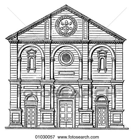 Stock Illustration - Architecture - Italy - line art Elevation Renaissance Fa_ade of the Cathedral at Pienza, built c. 1470 from plans by Bernardo Rossellino (1409-1464). This building was commissioned by Pope Pius II for his native town of Pienza. A cathedral is the princi. Fotosearch