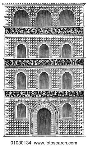 Stock Illustration - Architecture - Italy - line art Elevation Renaissance Sgraffito facade at Florence. "Sgraffito" means "scratched" in Italian. It describes a decorative technique in which a base surface is covered with material of another color and then the design. Fotosearch