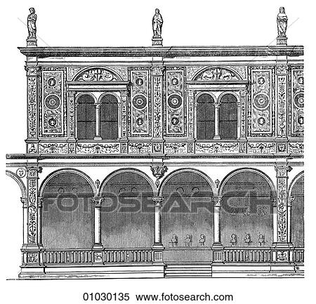 Architecture - Italy - line art Elevation Renaissance Loggia del Configlio at Verona, built in 1500 by Fra Giocondo (1433-1513). This learned Franciscan priest had an extensive knowledge of architecture and helped introduce Italian Renaissance designs i View Large Illustration Stock Illustration - Architecture - Italy - line art Elevation Renaissance Loggia del Configlio at Verona, built in 1500 by Fra Giocondo (1433-1513). This learned Franciscan priest had an extensive knowledge of architecture and helped introduce Italian Renaissance designs i. Fotosearch