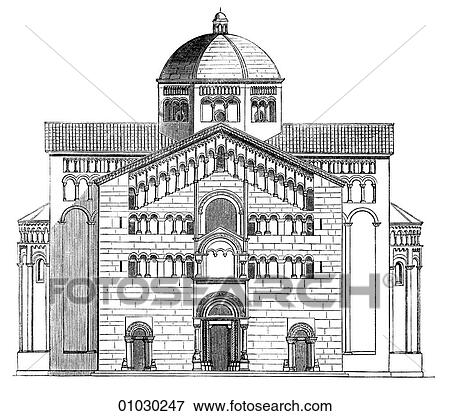 Architecture - Italy - line art Elevation Romanesque Facade of the Cathedral at Parma c. 1260 Romanesque - a style of architecture prevalent in Europe from the 10th to early 13th century characterized by massive vaulting and round arches. Middle Ages, m View Large Illustration Stock Illustration - Architecture - Italy - line art Elevation Romanesque Facade of the Cathedral at Parma c. 1260 Romanesque - a style of architecture prevalent in Europe from the 10th to early 13th century characterized by massive vaulting and round arches. Middle Ages, m. Fotosearch