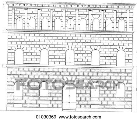 Stock Illustration - Architecture - Italy - line art Elevation Renaissance A Palazzo near the Piazza Della Pace at Rome. The Renaissance -- the revival of arts and literature under the influence of classical (Greek & Roman) models in the 14th - 16th centuries.. Fotosearch