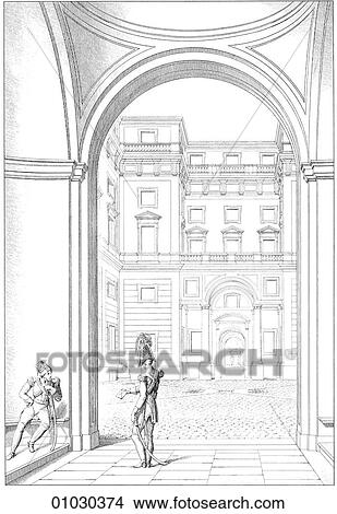 Architecture - Italy - line art Perspective Illustration Baroque/Rococo The courtyard of the Palazzo Della Consulta in Rome c. 1730. The Baroque period can be said to describe the art and architecture of the 17th century. View Large Illustration Stock Illustration - Architecture - Italy - line art Perspective Illustration Baroque/Rococo The courtyard of the Palazzo Della Consulta in Rome c. 1730. The Baroque period can be said to describe the art and architecture of the 17th century.. Fotosearch