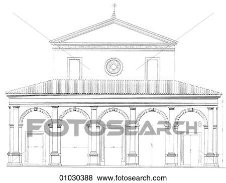 Stock Illustration - Architecture - Italy - line art Elevation Renaissance Santa Maria In Domnica, attributed to Raphael (1483-1520). The artist and architect was a student of both Michelangelo and Leonardo Da Vinci. Although he only lived to the age of 37 he made an enormo. Fotosearch