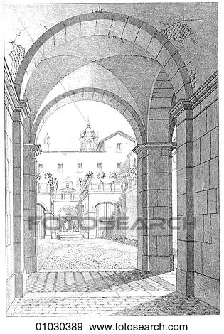 Stock Illustration - Architecture - Italy - line art Perspective Illustration Renaissance A view through to the courtyard of the Palazzo Parracciani. The Renaissance -- the revival of arts and literature under the influence of classical (Greek & Roman) models in the 14th - 1. Fotosearch