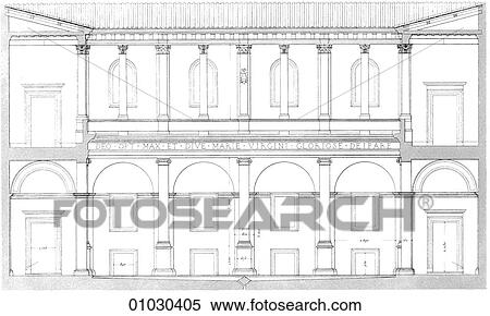 Stock Illustration - Architecture - Italy - line art Elevation Mannerist/Renaissance Cloister of Santa Maria Della Pace in Rome. Among the artists and architects who worked on this building were Pietro Di Cortona (1596-1669) and Francesco Albani (1578-1660). Mannerism was an. Fotosearch