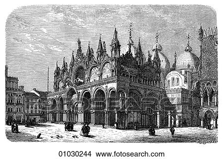 Stock Illustration - Architecture - Italy - line art (w3) Perspective Romanesque St. Mark`s (San Marco) at Venice. This church was originally begun in 829 to hold the remains of St. Mark that had been brought from Alexandria. The present basilica was completed in 1071, the. Fotosearch