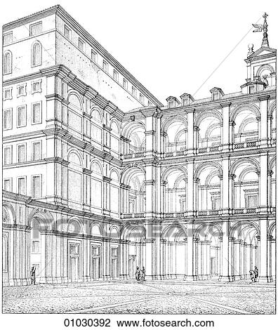 Drawing - Architecture - Italy - line art (ww3) Perspective Illustration Renaissance View from the courtyard, towards the entrance of the Palazzo Di Monte Citorio, also known as the Curia Innocentiana in Rome. The Renaissance -- the revival of arts and literature. Fotosearch