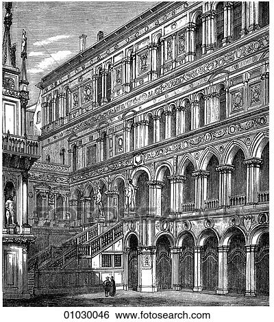 Architecture - Italy - line art (y3) Perspective Illustration Italian Gothic/Renaissance Court of the Palace of the Doges at Venice, built by Antonio Brego after 1477. The Palace of the Doges (Dukes), was built over a period stretching from the early 14 View Large Illustration Stock Illustration - Architecture - Italy - line art (y3) Perspective Illustration Italian Gothic/Renaissance Court of the Palace of the Doges at Venice, built by Antonio Brego after 1477. The Palace of the Doges (Dukes), was built over a period stretching from the early 14. Fotosearch