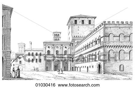 Stock Illustration - Architecture - Italy - line art (y3) Perspective Illustration Renaissance The Palace of The Doges (Dukes) and the Church of San Marco (St. Mark`s), in Venice. This church was originally begun in 829 to hold the remains of St. Mark that had been brought. Fotosearch