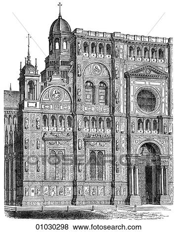 Stock Illustration - Architecture - Italy - line art (z3) Perspective Illustration Renaissance Part of the facade of the Certosa di Pavia (a Carthusian monastery in the Lombardy region near Milan) begun in 1473 by Ambrogio Borgognone in the year he began construction the Ve. Fotosearch
