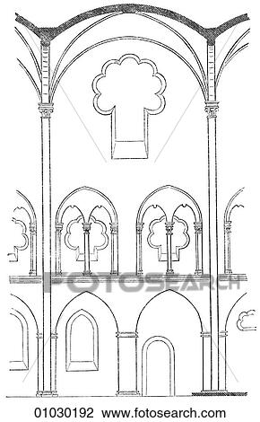 Drawing - Architecture - line art (g3) Section Romanesque St. Guerin at Neuss, c. 1209. Romanesque - a style of architecture prevalent in Europe from the 10th to early 13th century characterized by massive vaulting and round arches Middle Ages, medieval, arch,. Fotosearch