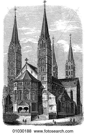 Architecture - line art Perspective Illustration Romanesque Cathedral at Bamberg. Transition Style. Romanesque - a style of architecture prevalent in Europe from the 10th to early 13th century characterized by massive vaulting and round arches A cathed View Large Illustration Stock Illustration - Architecture - line art Perspective Illustration Romanesque Cathedral at Bamberg. Transition Style. Romanesque - a style of architecture prevalent in Europe from the 10th to early 13th century characterized by massive vaulting and round arches A cathed. Fotosearch