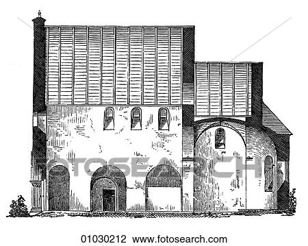 Drawing - Architecture - Romania - line art Romanesque Style Longitudinal Section Church at Michelsberg in Transylvania (modern Romania) Romanesque - a style of architecture prevalent in Europe from the 10th to early 13th century characterized by massive vaultin. Fotosearch