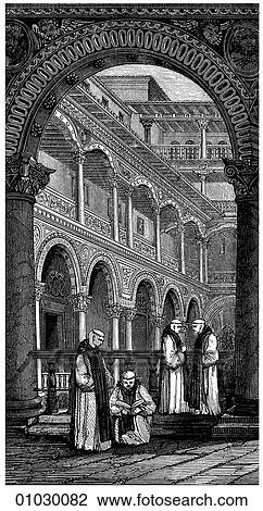 Architecture - Spain - line art Perspective Illustration Court of the Monastery at Lupiana, c. 1520. View Large Illustration Drawing - Architecture - Spain - line art Perspective Illustration Court of the Monastery at Lupiana, c. 1520.. Fotosearch