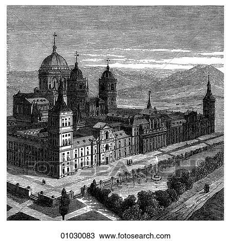 Architecture - Spain - line art French and Spanish Architecture of the 16th. and 17th. Centuries. El Escorial. Palace of Philip I Juan Battista De Toledo & Juan De Herrera. View Large Illustration Drawing - Architecture - Spain - line art French and Spanish Architecture of the 16th. and 17th. Centuries. El Escorial. Palace of Philip I Juan Battista De Toledo & Juan De Herrera.. Fotosearch