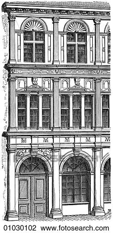 Architecture - Switzerland - line art Perspective Illustration Renaissance House at Basle c. 1578. The Renaissance -- the revival of arts and literature under the influence of classical (Greek & Roman) models in the 14th - 16th centuries. 16th century, S View Large Illustration Drawing - Architecture - Switzerland - line art Perspective Illustration Renaissance House at Basle c. 1578. The Renaissance -- the revival of arts and literature under the influence of classical (Greek & Roman) models in the 14th - 16th centuries. 16th century, S. Fotosearch