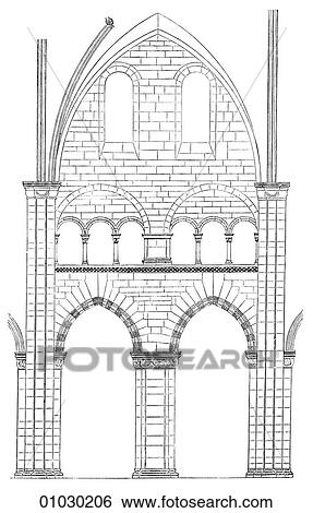 Stock Illustration - Architecture - Switzerland - line art (u3) Romanesque The Minster at Basle c. 1200 - One of the Bays of the Nave. Nave comes from the Latin word "navus" meaning ship. When inverted, the nave resembles hull of a ship. Romanesque - a style of architectu. Fotosearch