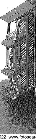 Drawing - Industry & Technology -line art (b4) Civil Engineering A steel engraving from a series of early Victorian concept drawings of a tunnel beneath the River Thames in London, England - scaffolding at the tunnel face. Fotosearch