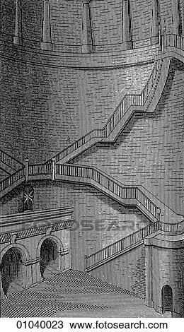 Drawing - Industry & Technology -line art (b4) Civil Engineering A steel engraving from a series of early Victorian concept drawings of a tunnel beneath the River Thames in London, England. subterranean cavern, entrance, stairs, high, deep, tunnel, underground, Vi. Fotosearch