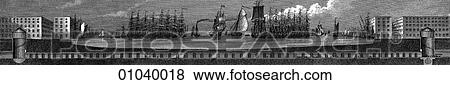 Stock Illustration - Industry & Technology -line art (b4) Civil Engineering Illustration A steel engraving from a series of early Victorian concept drawings of a tunnel beneath the River Thames in London, England - a cross-section showing the tunnel beneath the river bed; t. Fotosearch