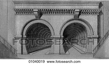 Stock Illustration - Industry & Technology - line art (b4) Civil Engineering A steel engraving from a series of early Victorian concept drawings of a tunnel beneath the River Thames in London, England - the tunnel entrance.. Fotosearch