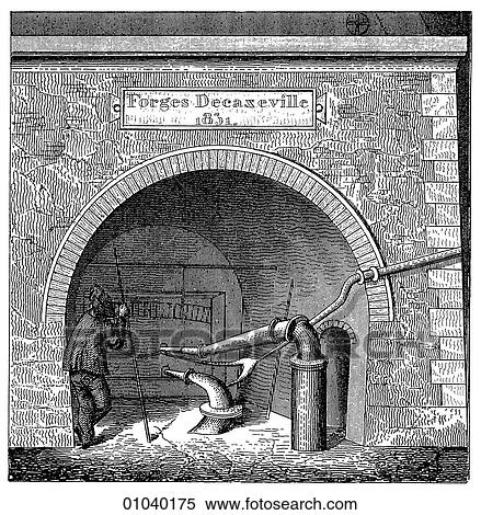 Industry & Technology -line art (cc4) Iron and steel making Illustration An early 19th century French blast furnace - a furnace used to smelt iron ore in very high temperatures by using very hot compressed air. View Large Illustration Stock Illustration - Industry & Technology -line art (cc4) Iron and steel making Illustration An early 19th century French blast furnace - a furnace used to smelt iron ore in very high temperatures by using very hot compressed air.. Fotosearch