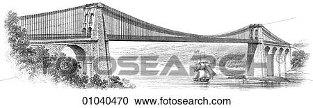 Clipart - Industry & Technology -line art Civil Engineering Bridge Illustration Perspective Suspension Bridge across the Menai Straits (a channel of the Irish Sea), connecting the Island of Anglesey with North Wales. One of the earliest forms of bridge, new metho. Fotosearch