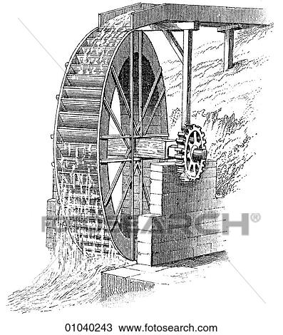 Drawing - Industry & Technology -line art Machinery Hydraulics Water wheel. Fotosearch