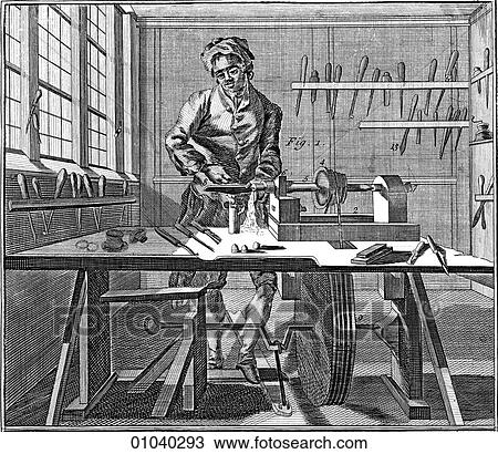 Drawing - Industry & Technology -line art Manufacturing Illustration An 18th century lathe machine tool. Fotosearch