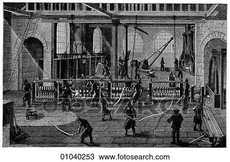 Drawing - Industry & Technology -line art Iron and steel making A 19th century forge Illustration General view of rolling iron.. Fotosearch