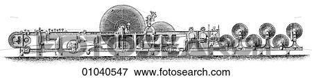 Stock Illustration - Industry & Technology -line art Late 19th century textile manufacturing Factory Improved slasher - sizing machine. machinery. Fotosearch