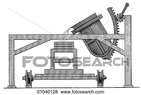 Industry & Technology - line art (s4) Manufacturing Factory Late19th century manufacturing Front view of a device used in a mint to move molten metal. View Large Illustration Stock Illustration - Industry & Technology - line art (s4) Manufacturing Factory Late19th century manufacturing Front view of a device used in a mint to move molten metal.. Fotosearch