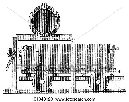 Stock Illustration - Industry & Technology -line art (s4) Manufacturing Machinery Factory Late19th century manufacturing Side view of a device used in a mint to move molten metal.. Fotosearch