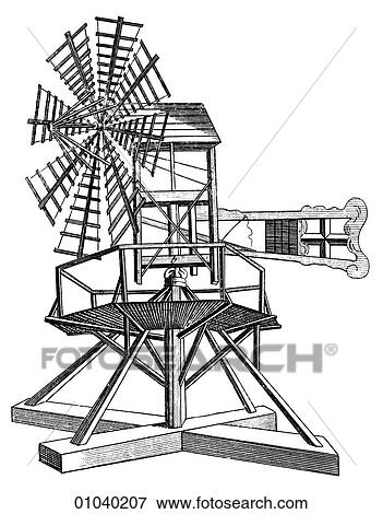 Stock Illustration - Industry & Technology - line art Machinery 18th century windmill device A device that uses sails on a rotating shaft to turn wind energy into mechanical energy.. Fotosearch