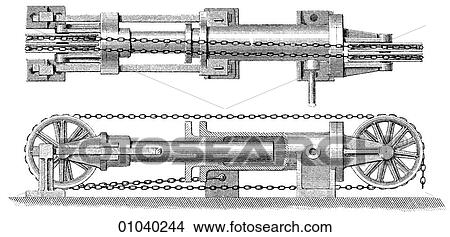 Stock Illustration - Industry & Technology -line art Machinery Hydraulics 19th century mechanical device Hydraulic press with sheaves for water cranes. Fotosearch