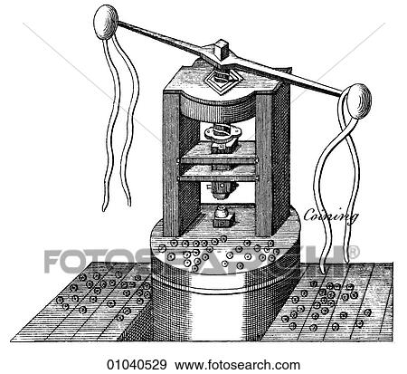 Stock Illustration - Industry & Technology -line art Manufacturing Coining machine A device used to stamp coins, c. 1800. Fotosearch
