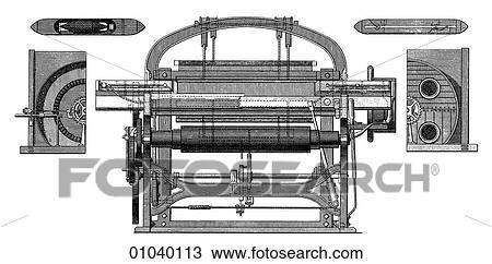 Drawing - Industry & Technology - line art (u4) Machinery Factory Late 19th century textile manufacturing. Fotosearch