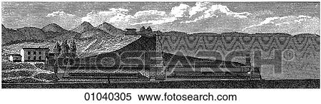 Industry & Technology -line art (v4) Civil Engineering A 19th century German engraving of a water reservoir showing the intake pipe and pump house. View Large Illustration Stock Illustration - Industry & Technology -line art (v4) Civil Engineering A 19th century German engraving of a water reservoir showing the intake pipe and pump house.. Fotosearch