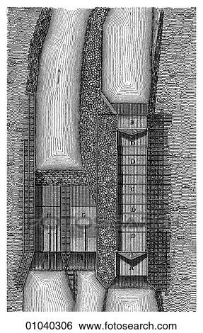 Stock Illustration - Industry & Technology -line art (v4) Civil Engineering A 19th century German engraving (plan view) of a sluice-gate system for a dam.. Fotosearch