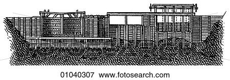 Stock Illustration - Industry & Technology -line art (v4) Civil Engineering A 19th century German engraving of a sluice-gate system for a dam.. Fotosearch