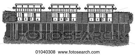 Stock Illustration - Industry & Technology -line art (v4) Civil Engineering A 19th century German engraving of a sluice-gate system for a dam.. Fotosearch