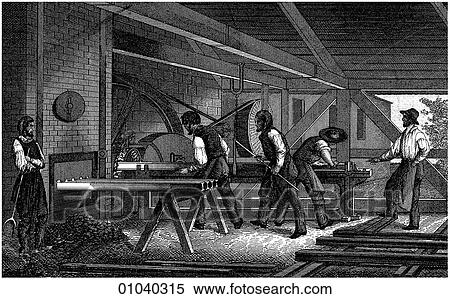 Stock Illustration - Industry & Technology -line art (w4) Iron and steel making A late 18th century forge Illustration. Fotosearch
