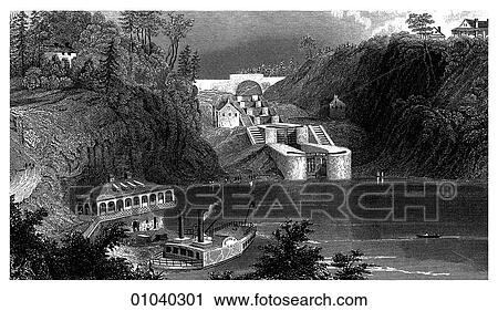 Clip Art - Industry & Technology -line art (x4) Civil engineering Illustration The lower basin of a lock system showing a series of six (6) locks connecting waterways several hundred feet apart in elevation. Lock systems are a means of connecting waterways at diff. Fotosearch