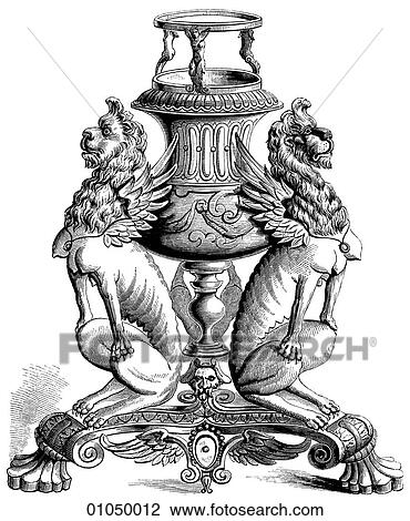 Drawing - Artifacts Gilt bronze lamp stand. old Venetian metal work of the 16th Century. Fotosearch