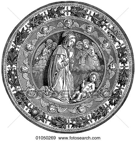 Stock Illustration - Artifacts - Plate - Italy Enameled Terra-cotta by Luca della Robbia (1400-1482). The artist worked exclusively in marble and this is part of his most important work, begun in 1431. In that year Joan of Arc was burned at the stake in Rouen, France. Luca. Fotosearch